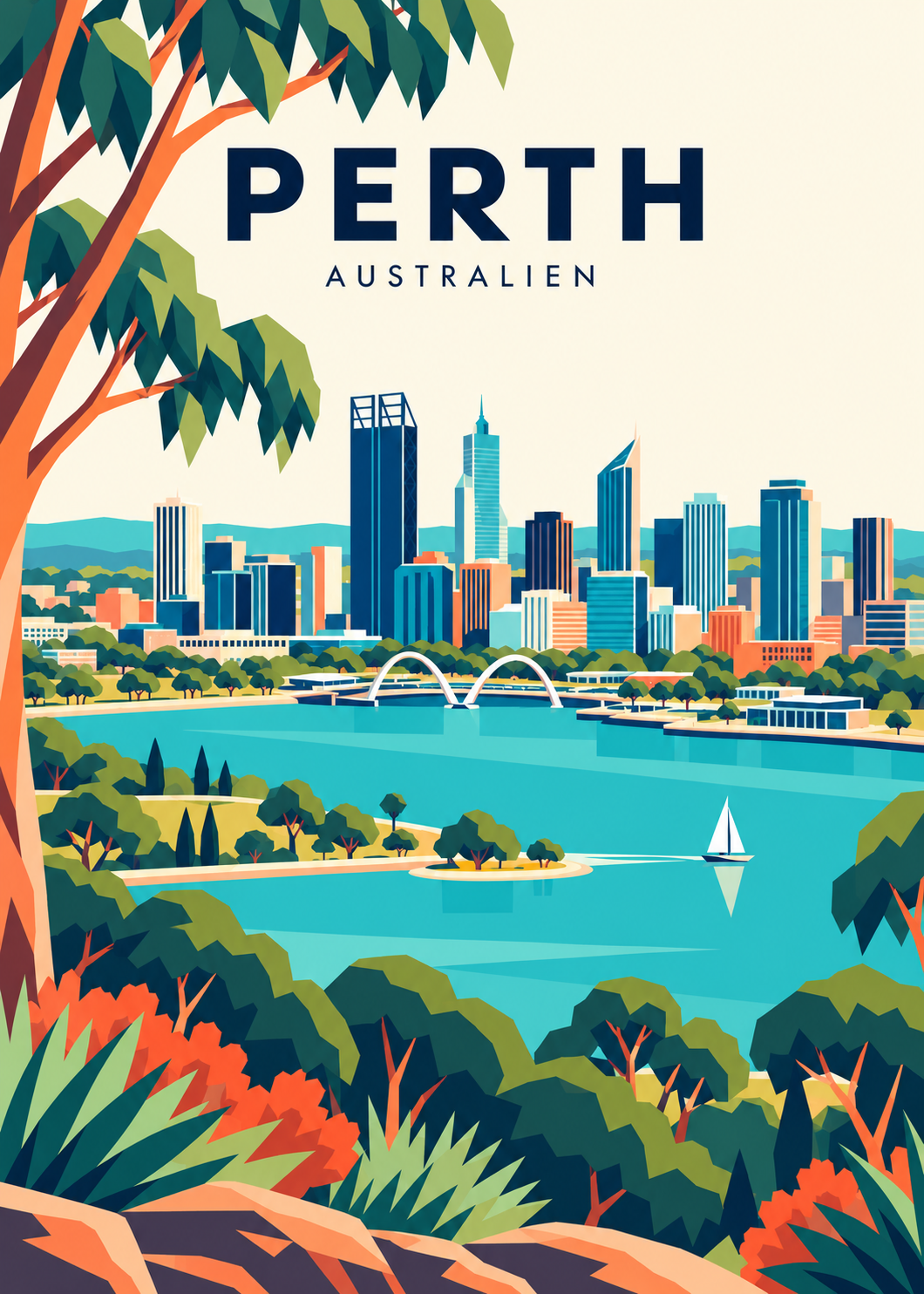 Perth in Australien – geometrische Illustration mit Swan River und Skyline