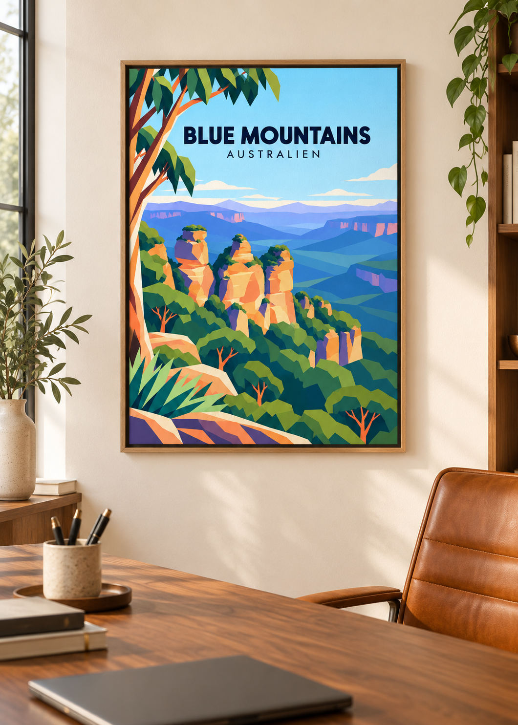 Blue Mountains – Mockup als Leinwand im Eichen-Schattenfugenrahmen