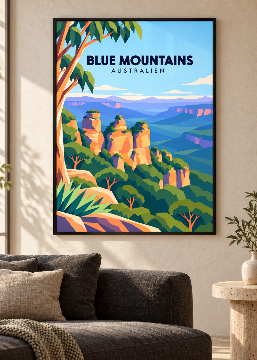 Blue Mountains – Mockup im dünnen schwarzen Rahmen mit Acrylglas