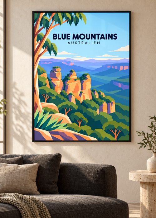 Blue Mountains – Mockup im dünnen schwarzen Rahmen mit Acrylglas