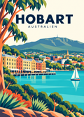Hobart in Australien – geometrische Illustration mit Salamanca Place und Mount Wellington
