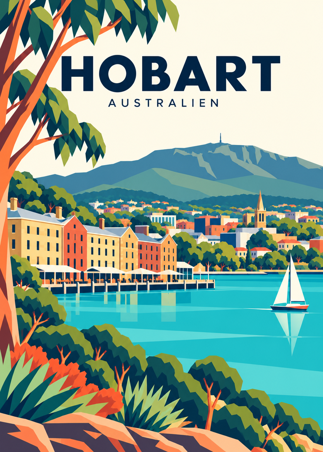 Hobart in Australien – geometrische Illustration mit Salamanca Place und Mount Wellington