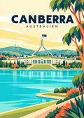 Canberra in Australien – geometrische Illustration mit Parliament House und Lake Burley Griffin