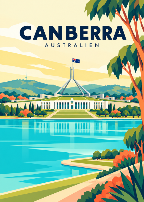Canberra in Australien – geometrische Illustration mit Parliament House und Lake Burley Griffin