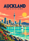 Auckland in Neuseeland – geometrische Illustration mit Sky Tower und Hafen