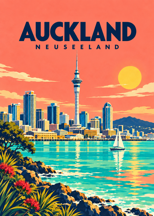 Auckland in Neuseeland – geometrische Illustration mit Sky Tower und Hafen