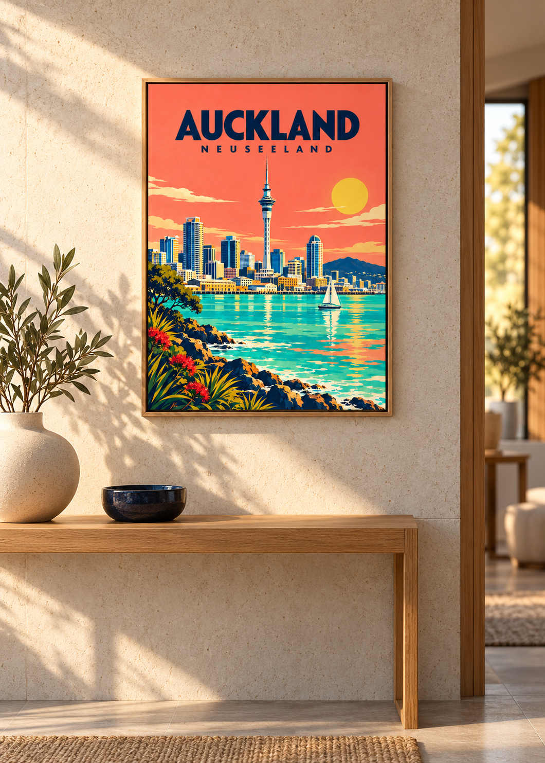 Auckland – Mockup als Leinwand im Eichen-Schattenfugenrahmen