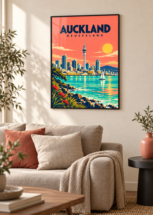 Auckland – Mockup im dünnen schwarzen Rahmen mit Acrylglas