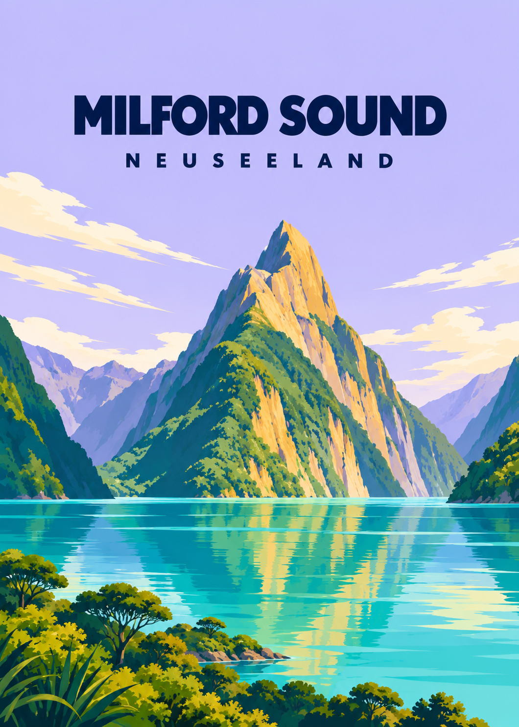 Milford Sound – geometrische Illustration, Neuseeland