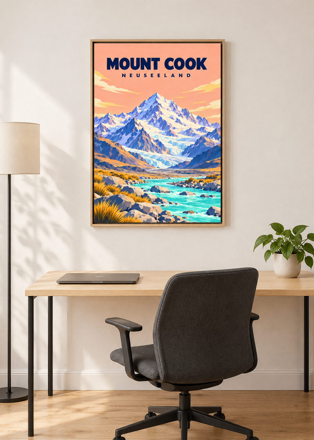 Mount Cook – Leinwand im Eichen-Schattenfugenrahmen