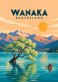 Wanaka in Neuseeland – Illustration mit Weide im See, Alpen und Kajak