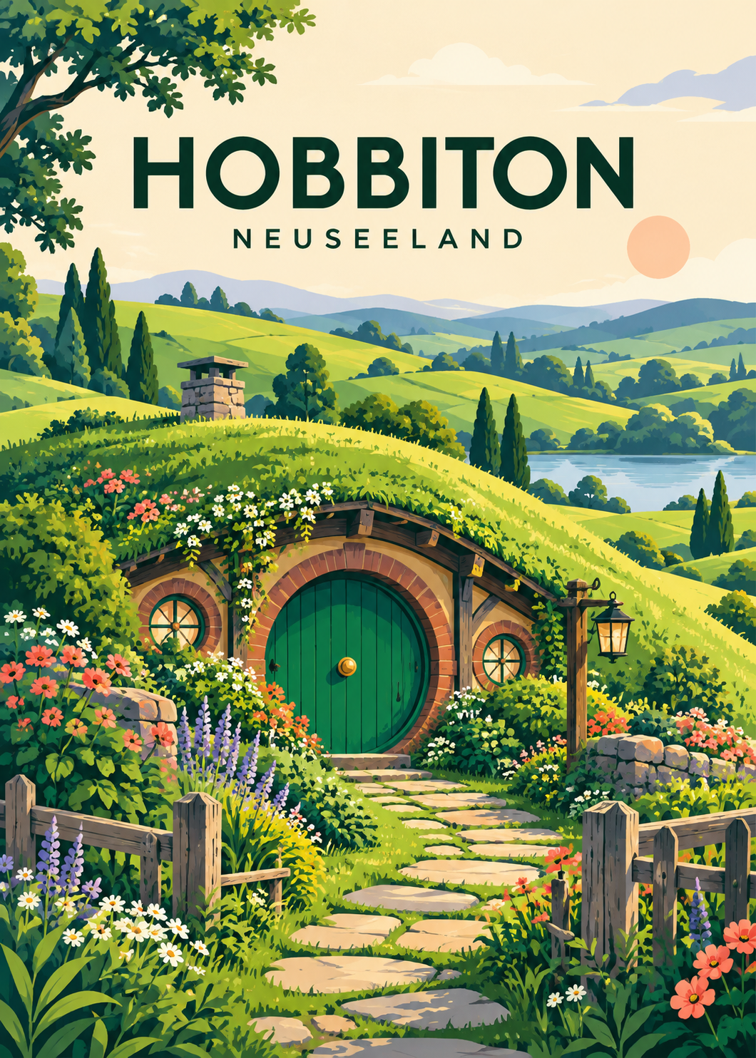 Hobbiton in Neuseeland – Illustration mit grüner Rundtür und Hügellandschaft