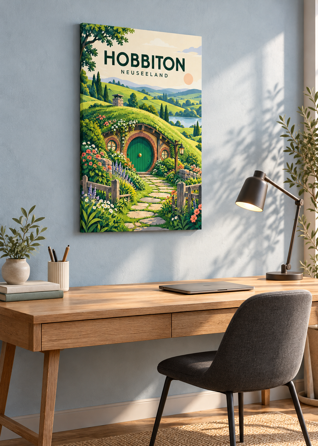Hobbiton – rahmenlose Slim-Leinwand im modernen Büro