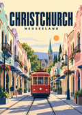 Christchurch in Neuseeland – Illustration mit Straßenbahn und pastellfarbenen Fassaden