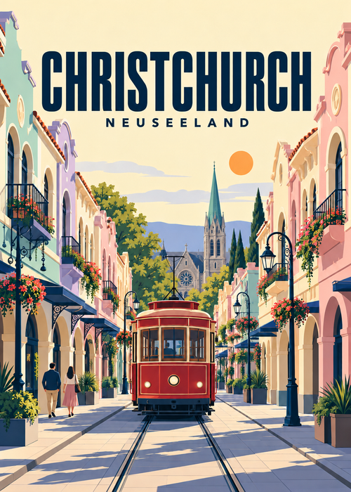 Christchurch in Neuseeland – Illustration mit Straßenbahn und pastellfarbenen Fassaden