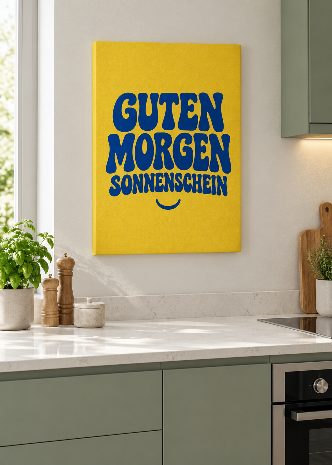 Guten Morgen Sonnenschein – rahmenlose matte Leinwand Slim in moderner Küche
