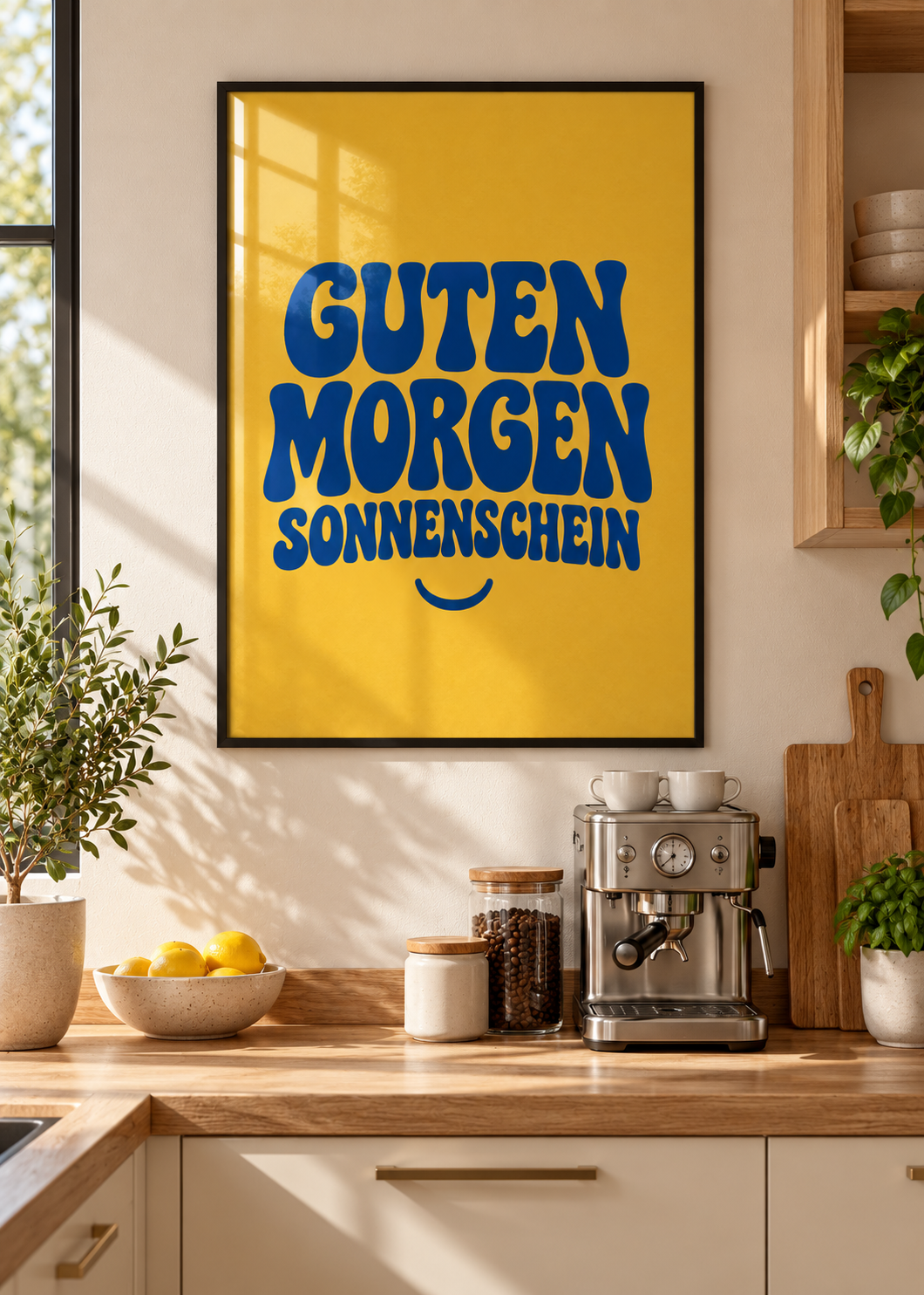 Guten Morgen Sonnenschein – schwarzer Rahmen mit Glas in moderner Küche