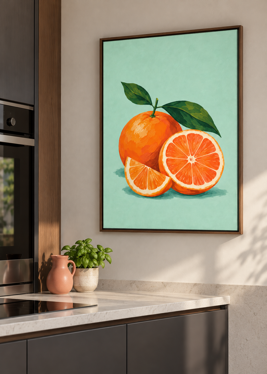 Orangen auf Mint – brauner Schattenfugenrahmen in moderner Küche