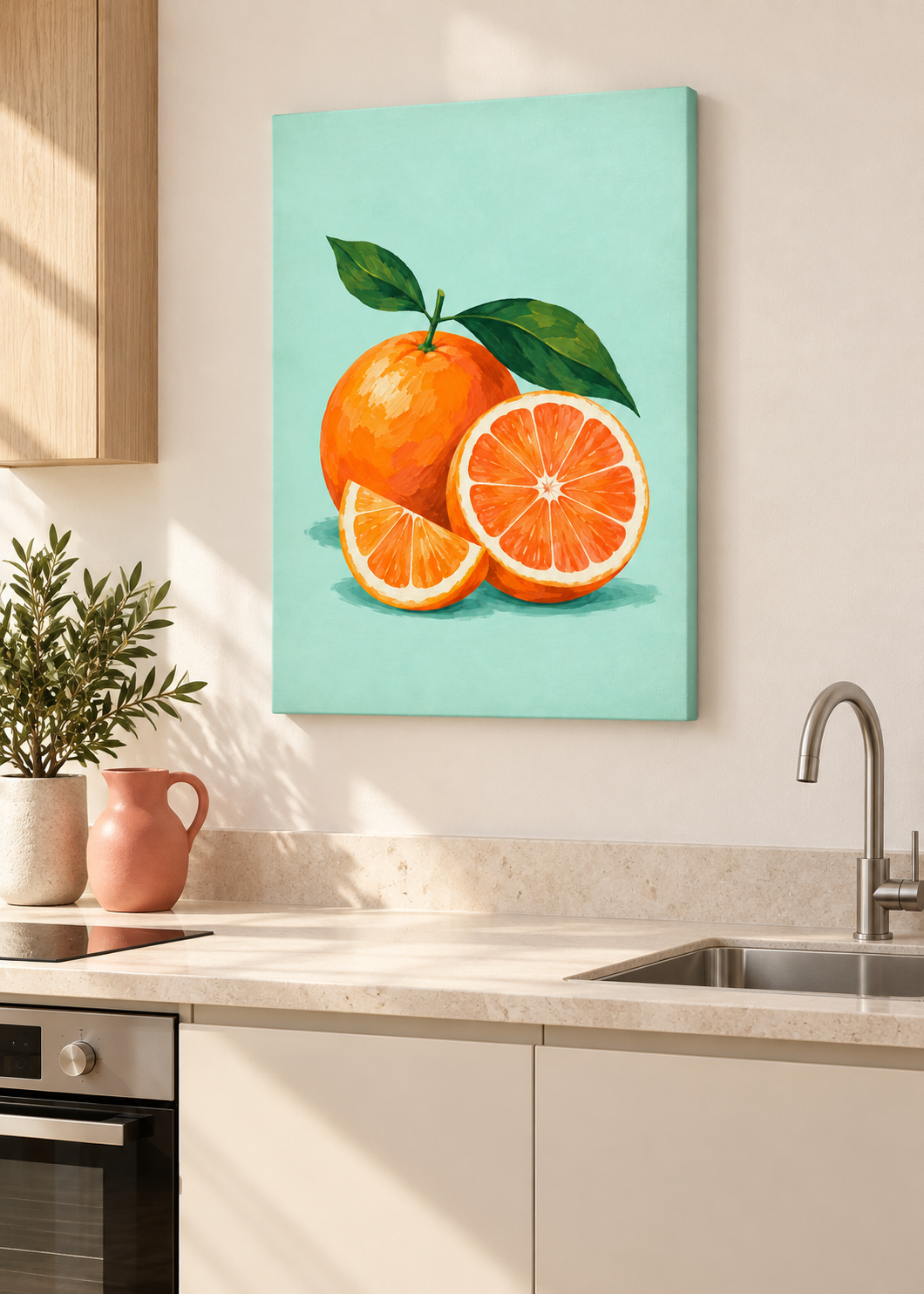 Orangen auf Mint – rahmenlose matte Leinwand Slim in moderner Küche