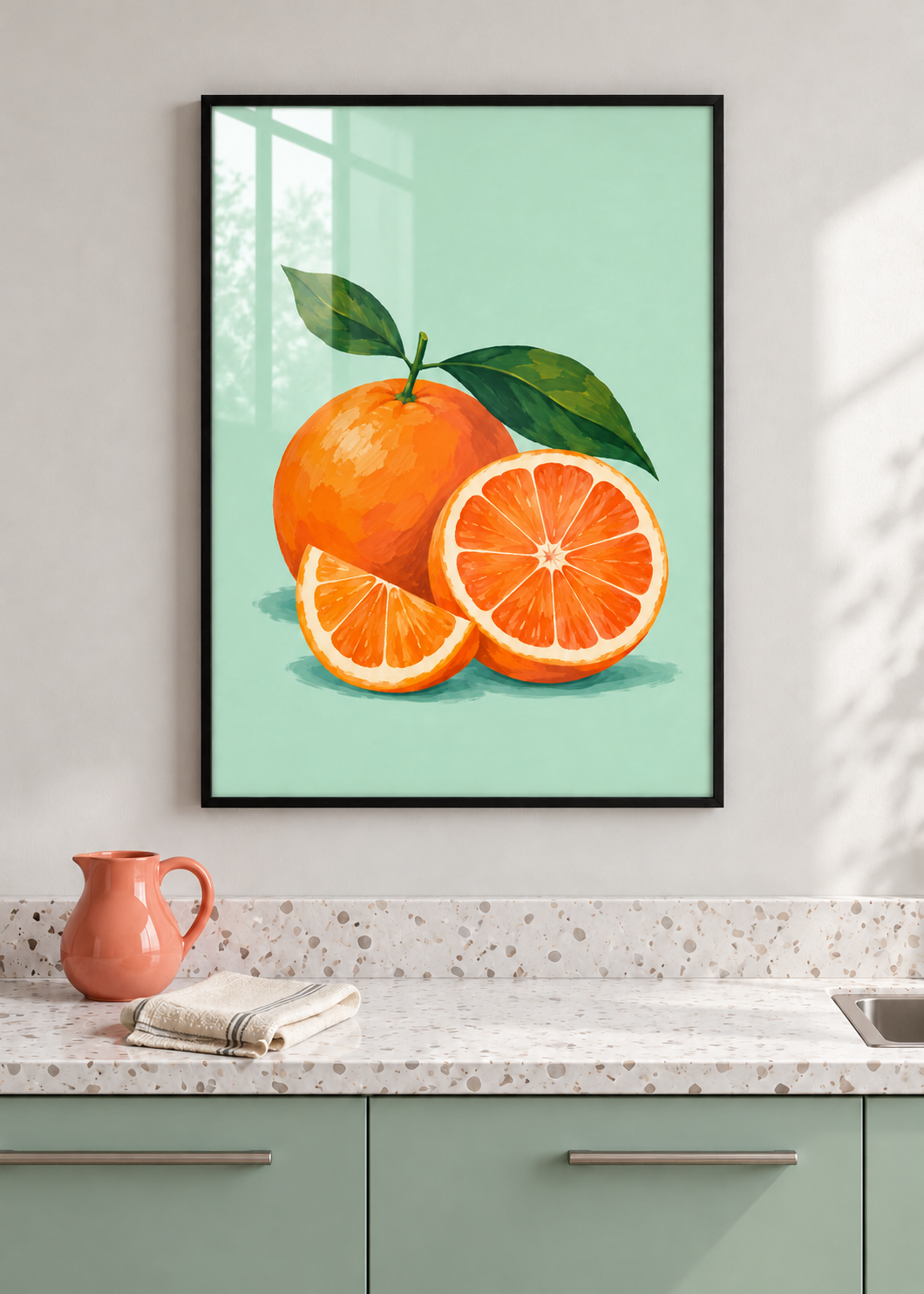 Orangen auf Mint – schwarzer Rahmen mit Glas in moderner Küche