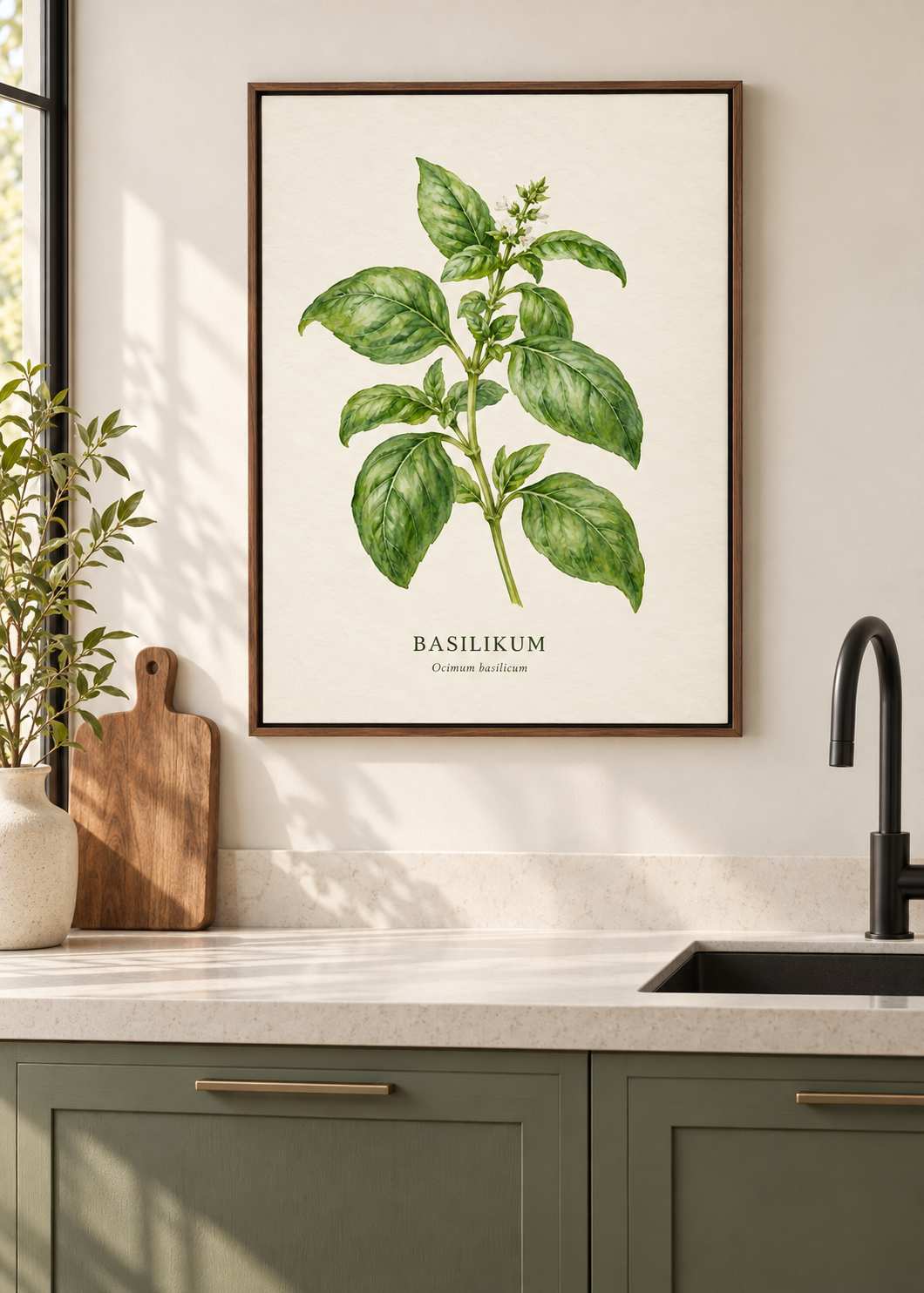 Basilikum – brauner Schattenfugenrahmen in moderner Küche