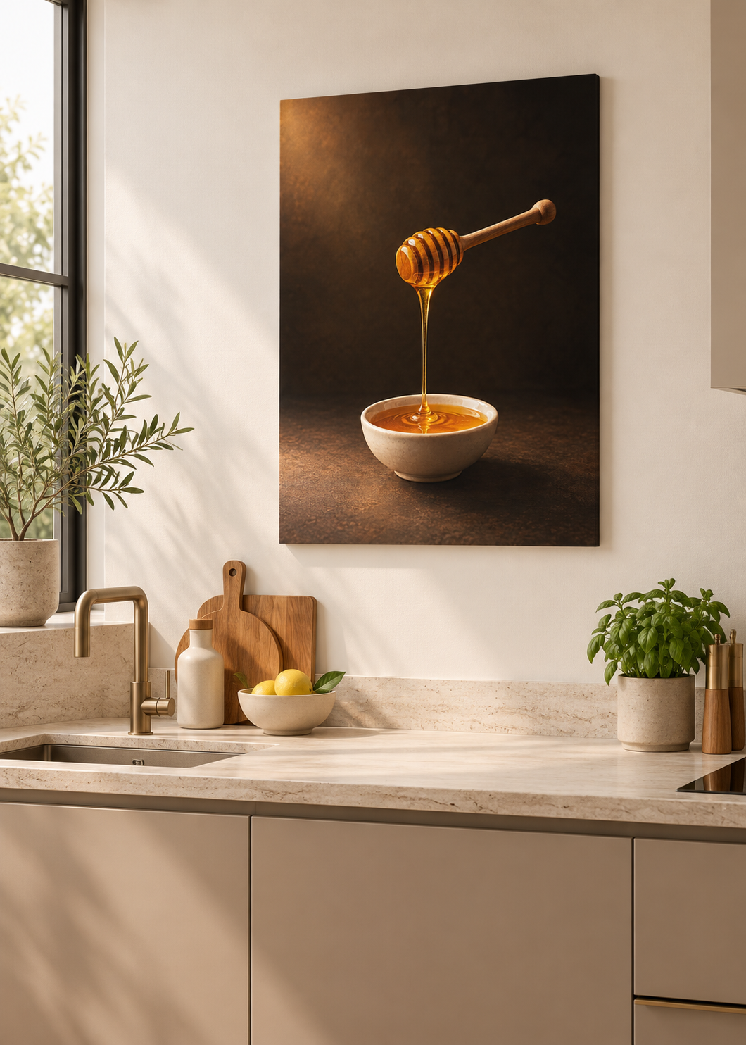 Goldener Honigfaden – rahmenlose matte Leinwand Slim in moderner Küche