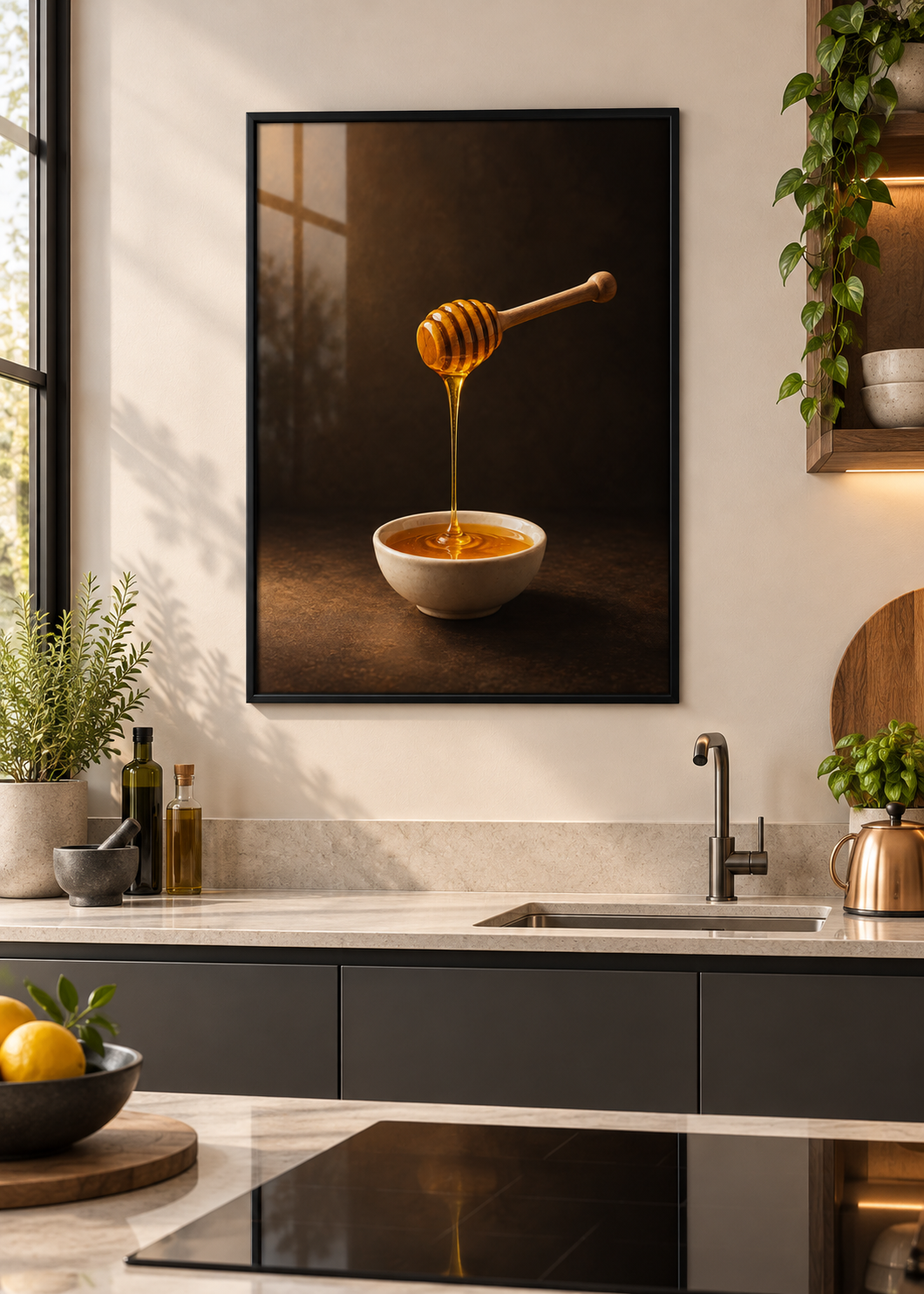 Goldener Honigfaden – schwarzer Rahmen mit Glas in moderner Küche