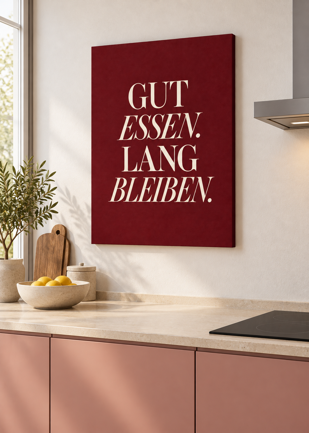 Gut essen. Lang bleiben. – rahmenlose matte Leinwand Slim in moderner Küche