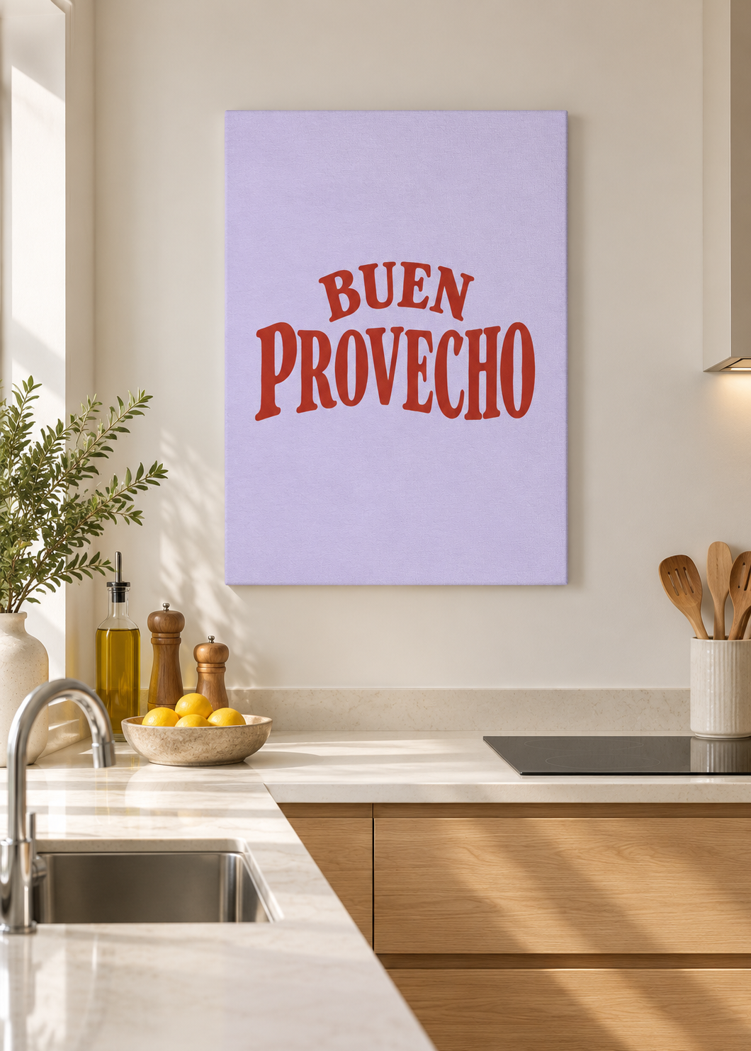 Buen Provecho – ungerahmte matte Leinwand in moderner Küche