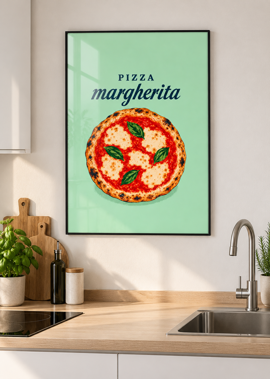 Pizza Margherita – schwarzer Metallrahmen mit Glas in moderner Küche