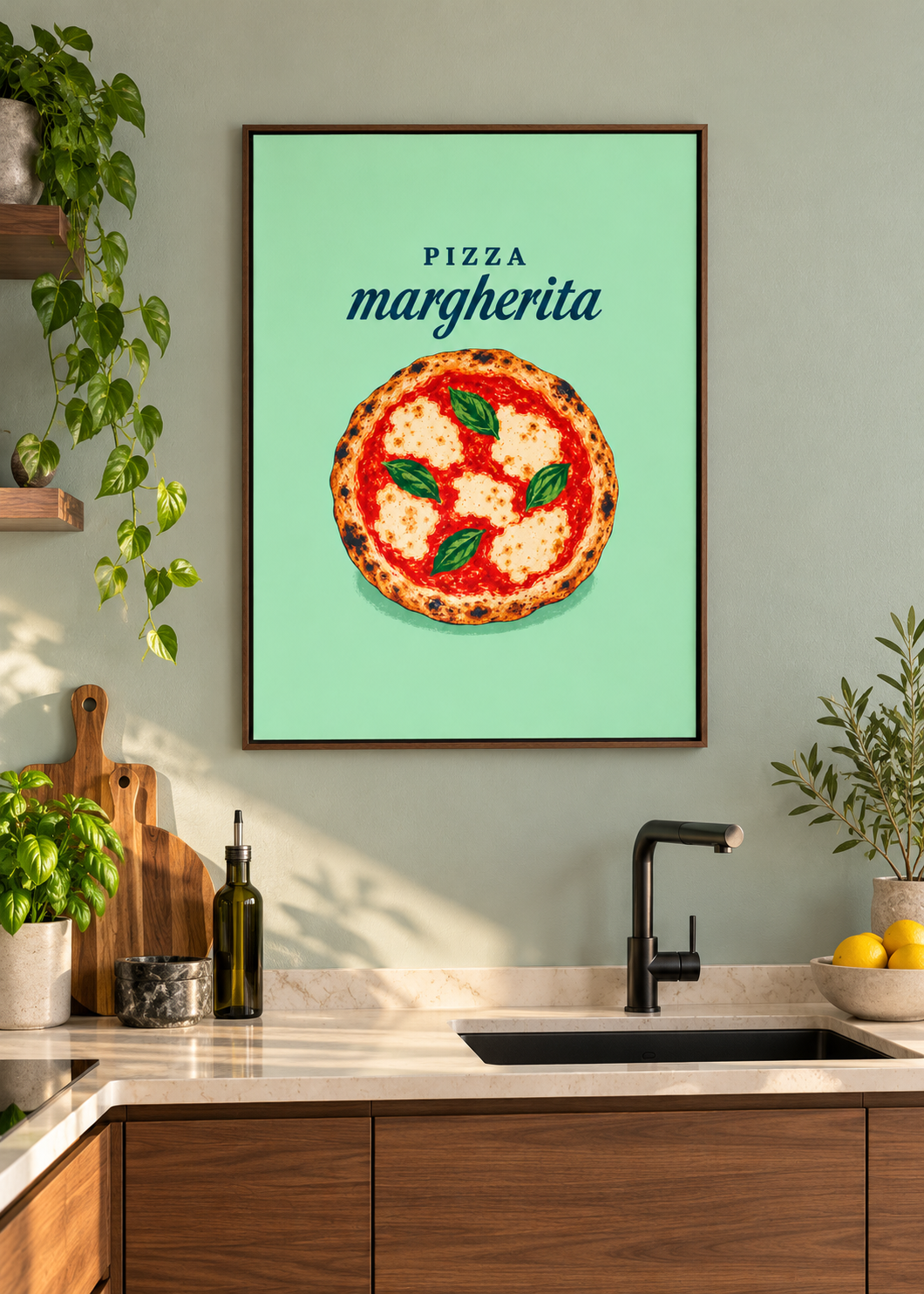 Pizza Margherita – brauner Schattenfugenrahmen ohne Glas in moderner Küche