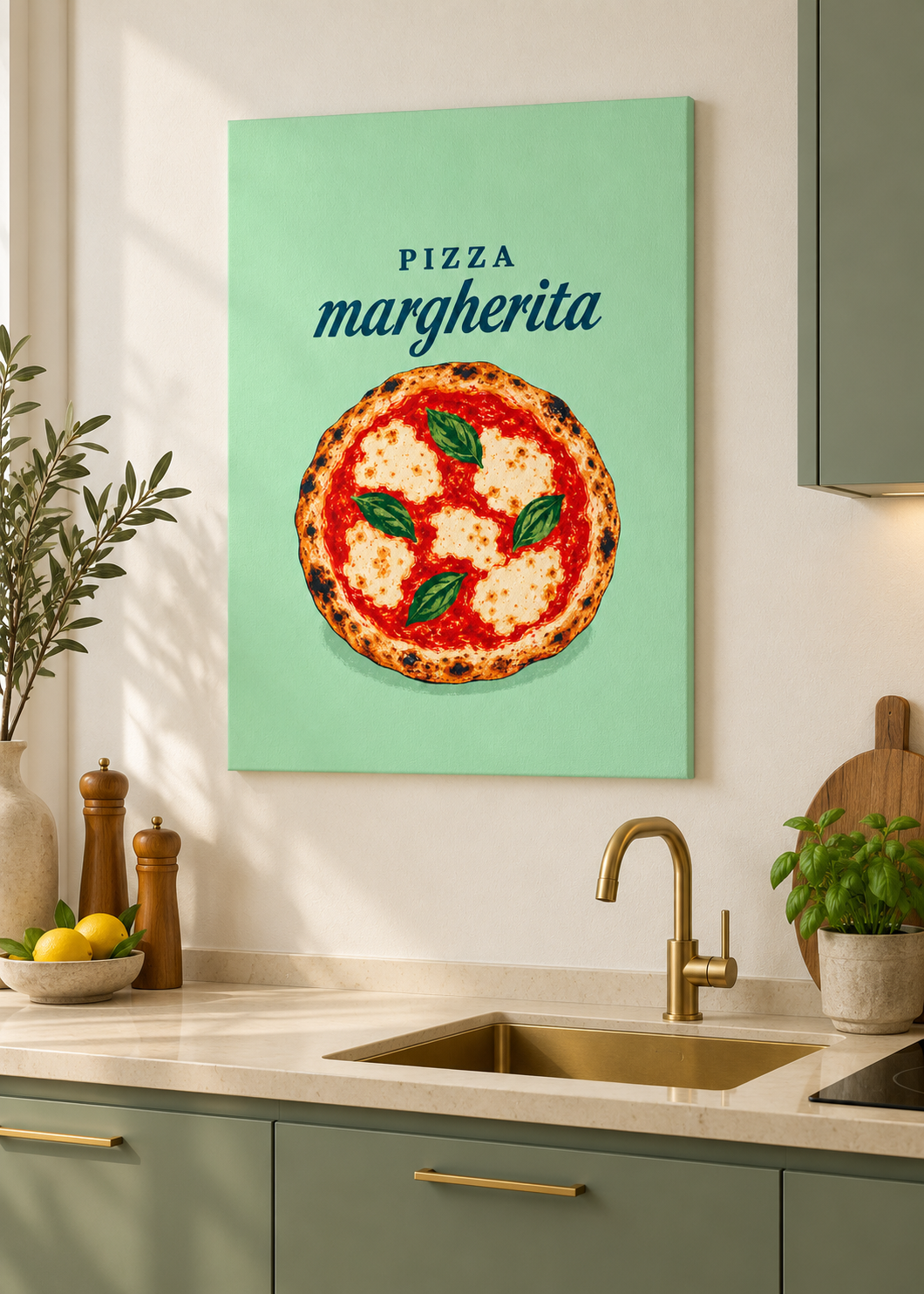 Pizza Margherita – ungerahmte matte Leinwand in moderner Küche