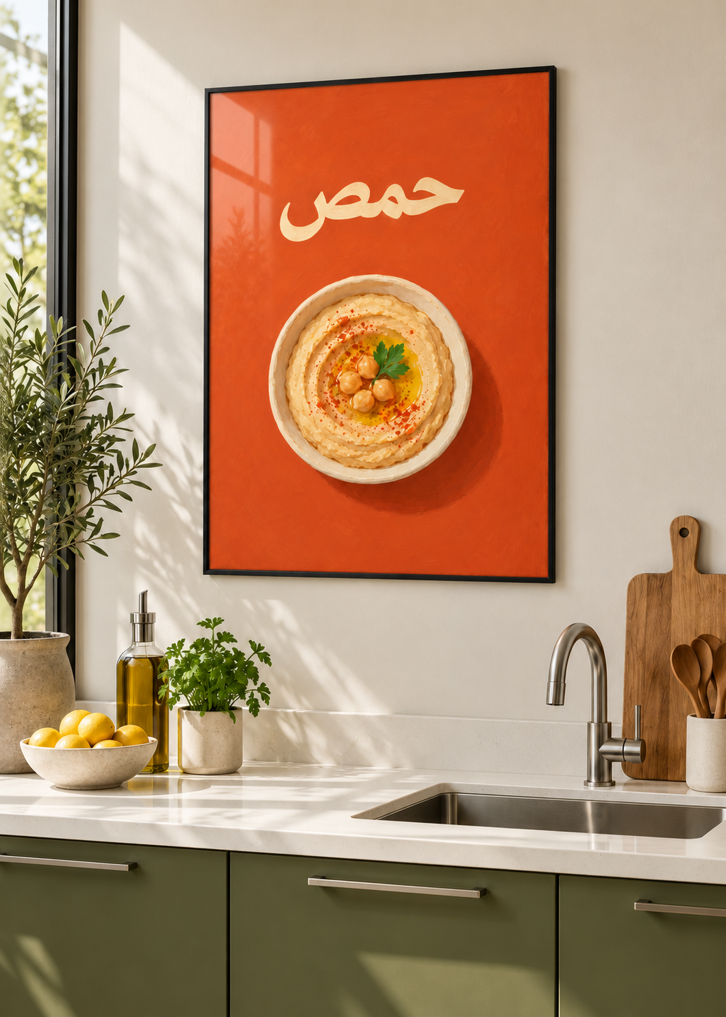 Hummus – schwarzer Metallrahmen mit Glas in moderner Küche