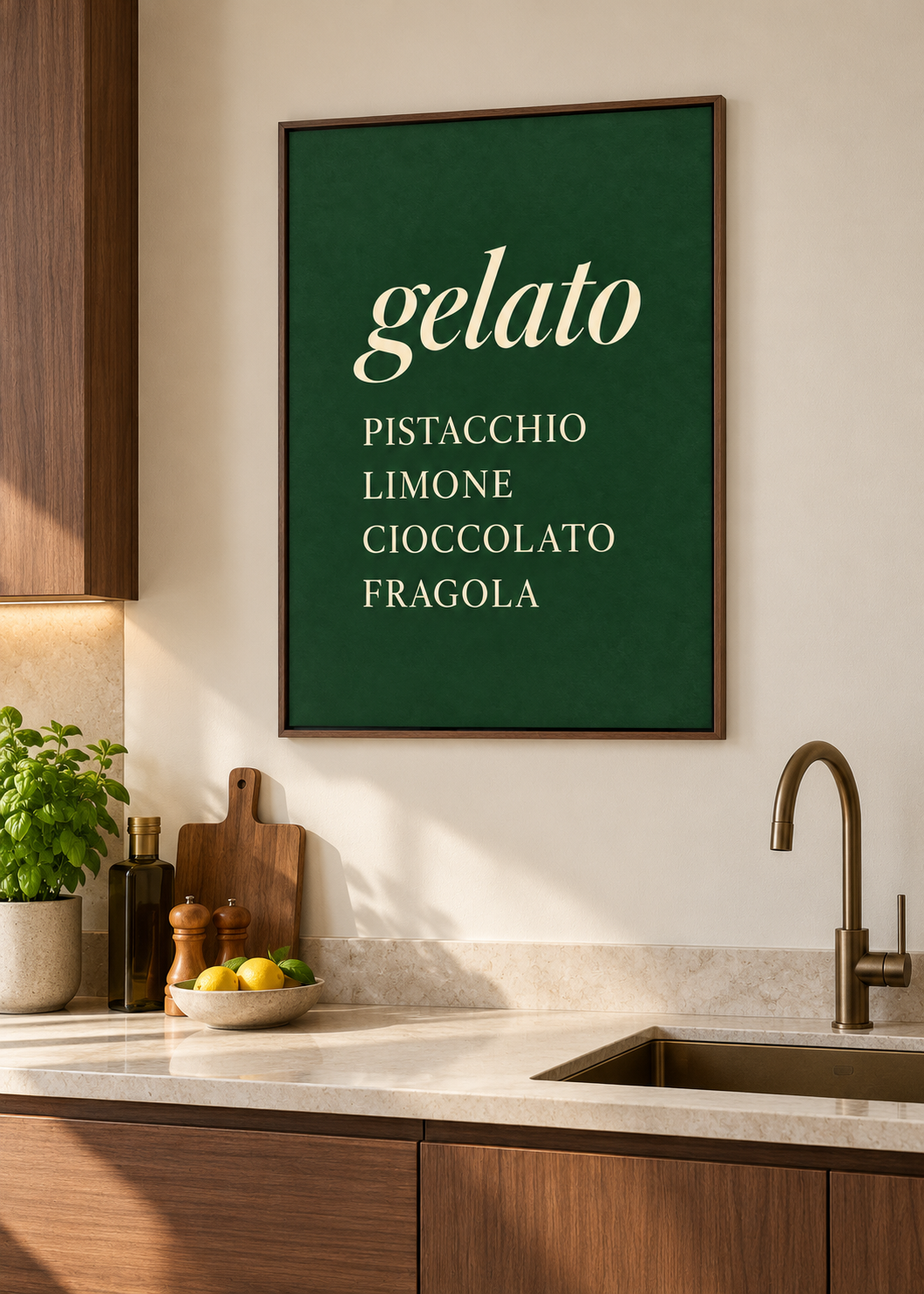 Gelato – brauner Schattenfugenrahmen ohne Glas in moderner Küche