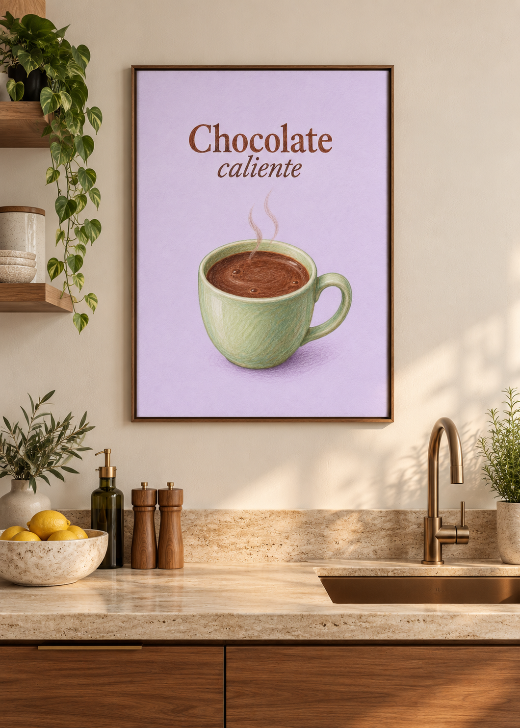 Chocolate Caliente – brauner Schattenfugenrahmen ohne Glas in moderner Küche