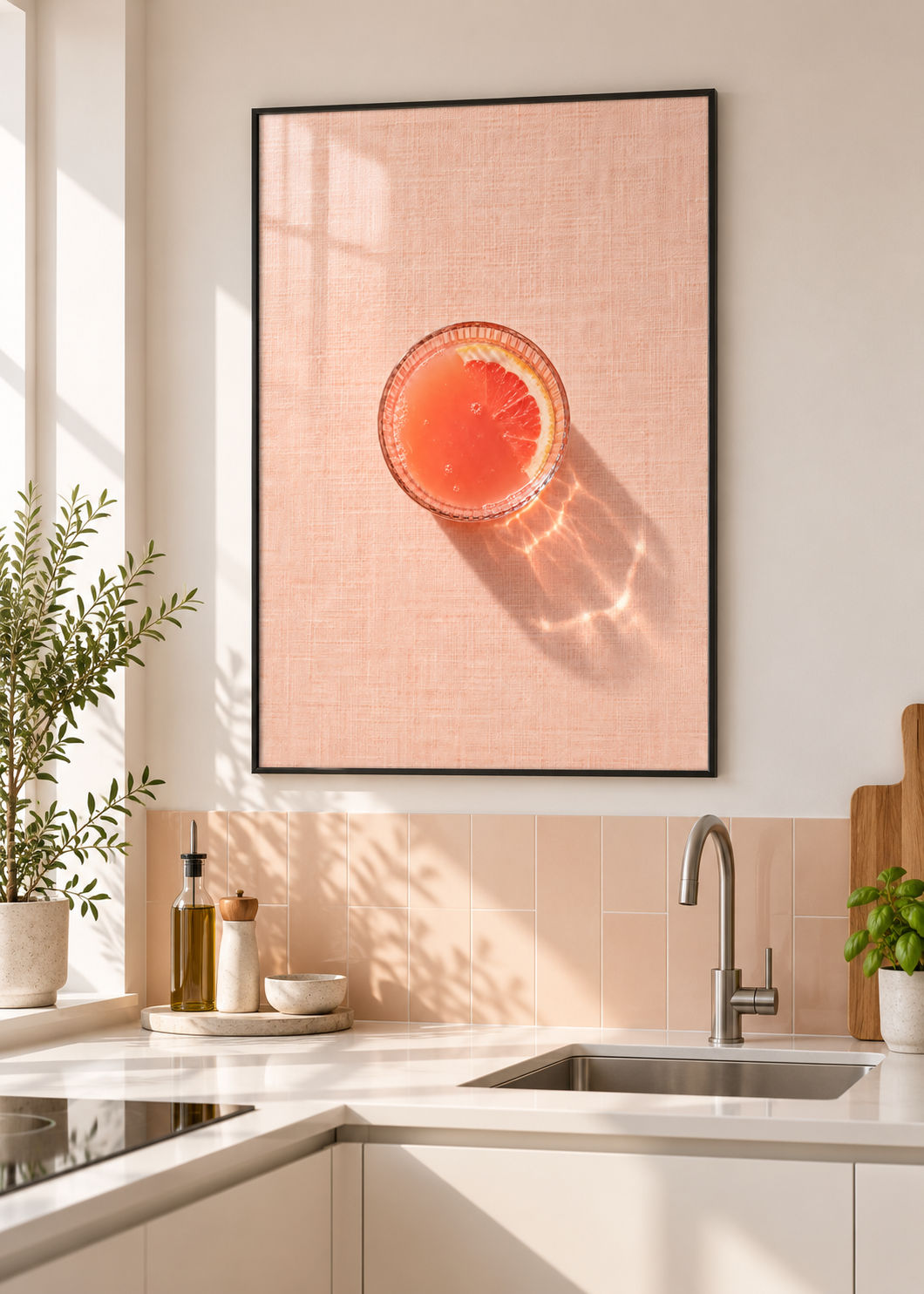 Grapefruitsaft – schwarzer Metallrahmen mit Glas in moderner Küche
