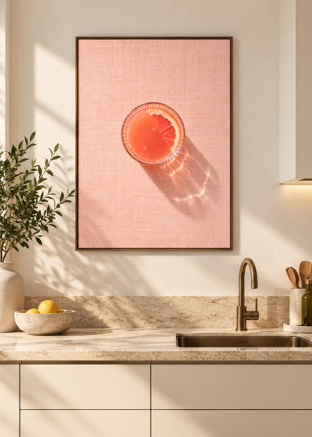 Grapefruitsaft – brauner Schattenfugenrahmen ohne Glas in moderner Küche