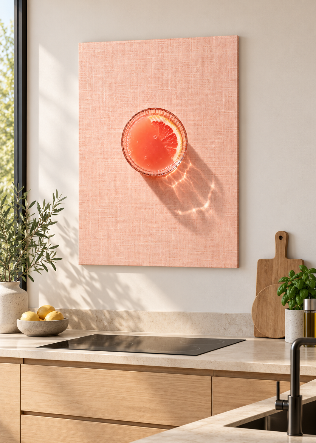 Grapefruitsaft – ungerahmte matte Leinwand in moderner Küche