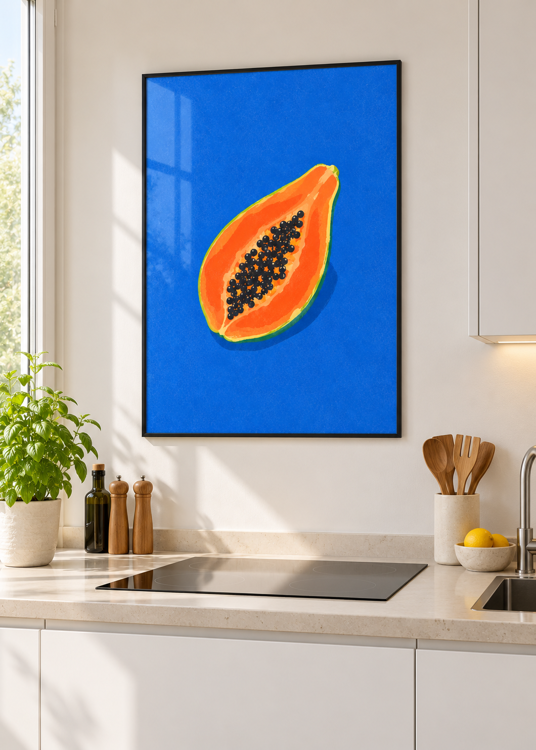 Papaya – schwarzer Metallrahmen mit Glas in moderner Küche