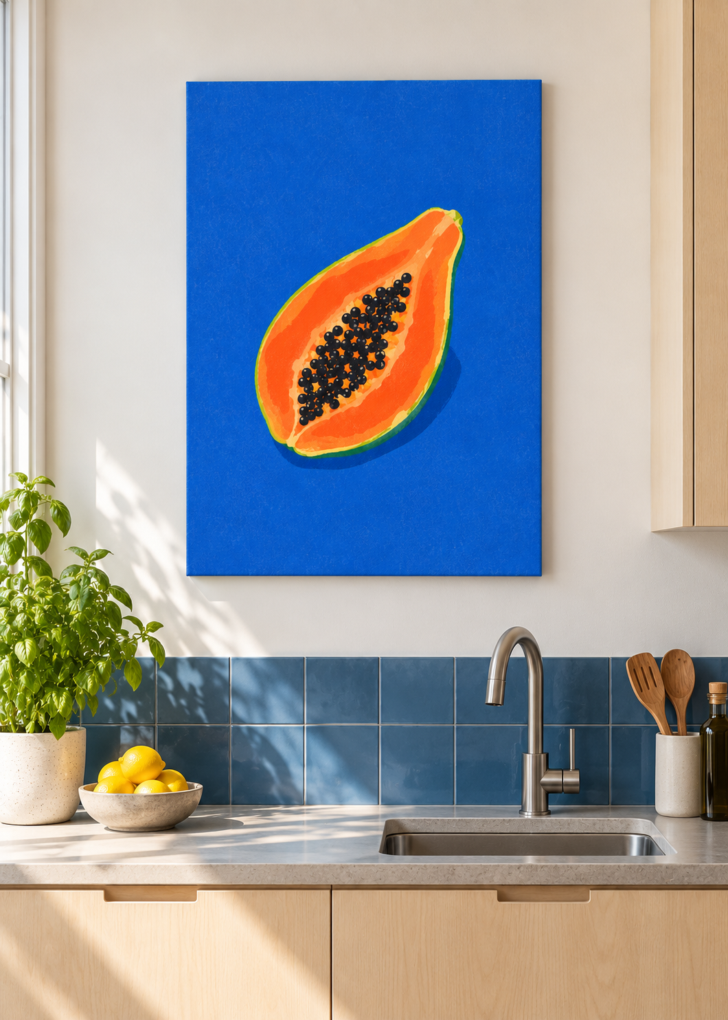 Papaya – ungerahmte matte Leinwand in moderner Küche