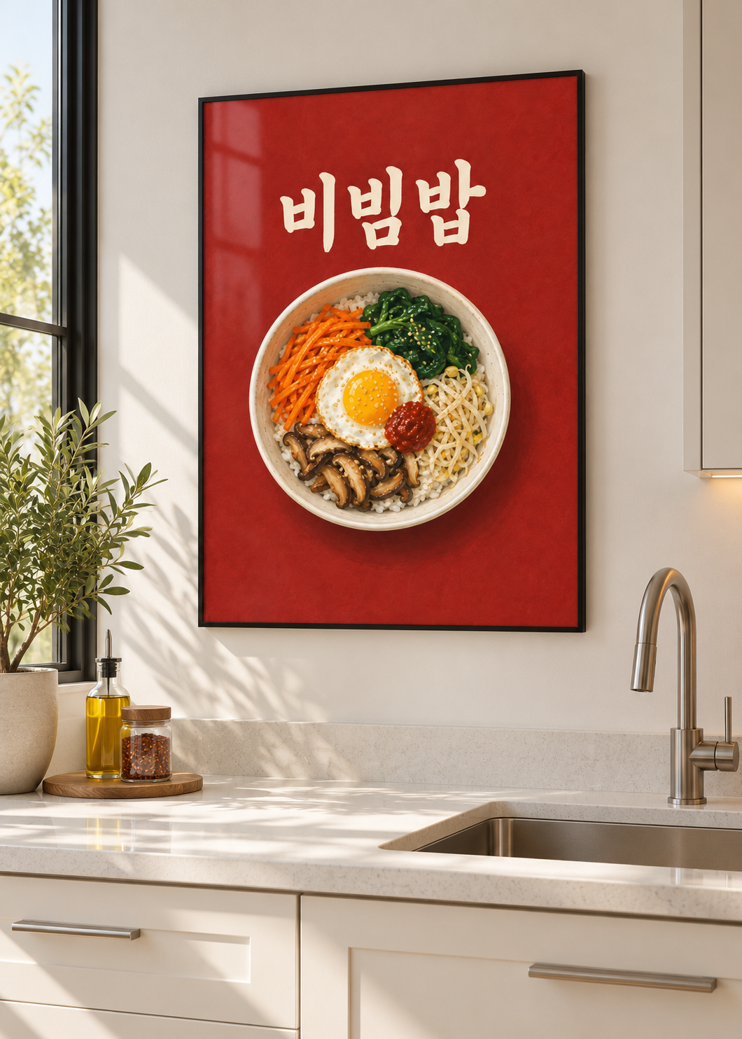 Bibimbap – Poster mit dünnem schwarzem Rahmen und Glas in moderner Küche