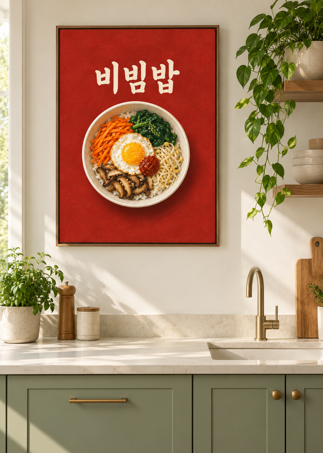 Bibimbap – matte Leinwand mit braunem Schattenfugenrahmen ohne Glas in moderner Küche