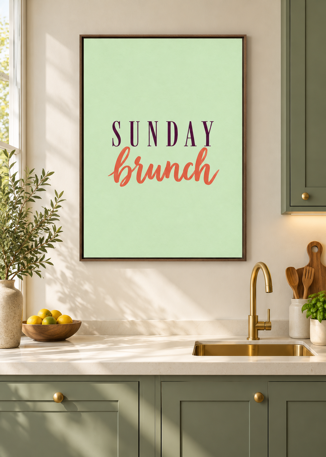 Sunday Brunch – matte Leinwand mit braunem Schattenfugenrahmen ohne Glas in moderner Küche