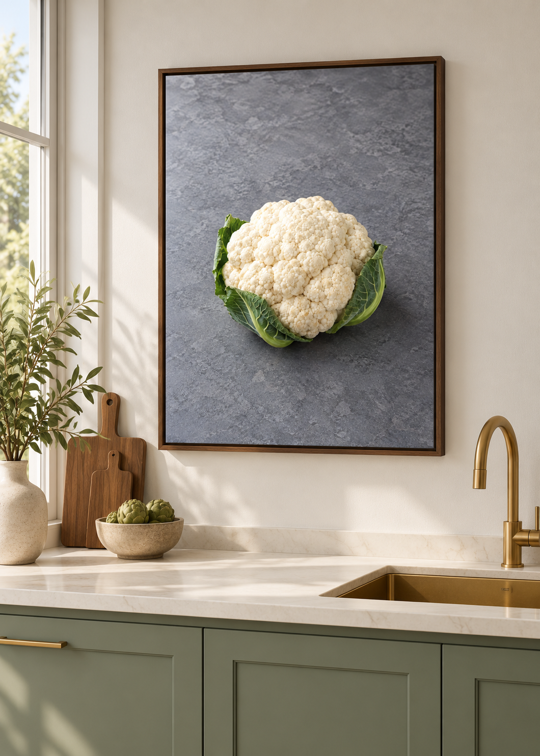 Blumenkohl – matte Leinwand mit braunem Schattenfugenrahmen ohne Glas in moderner Küche