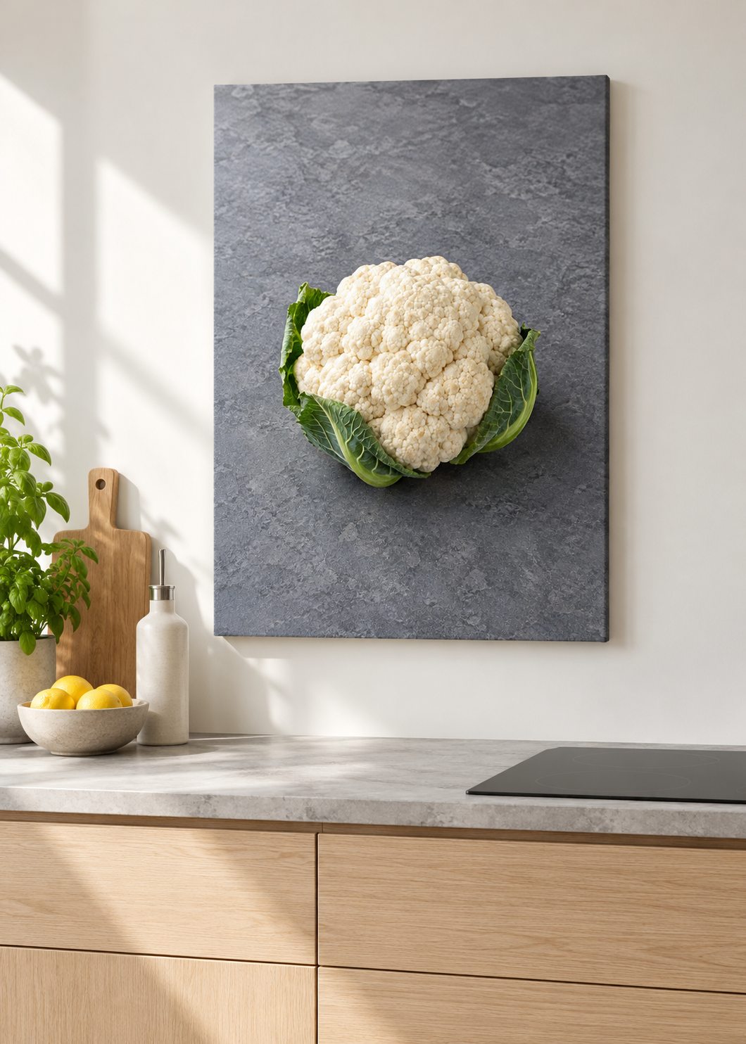 Blumenkohl – matte rahmenlose Slim-Leinwand ohne Glas in moderner Küche