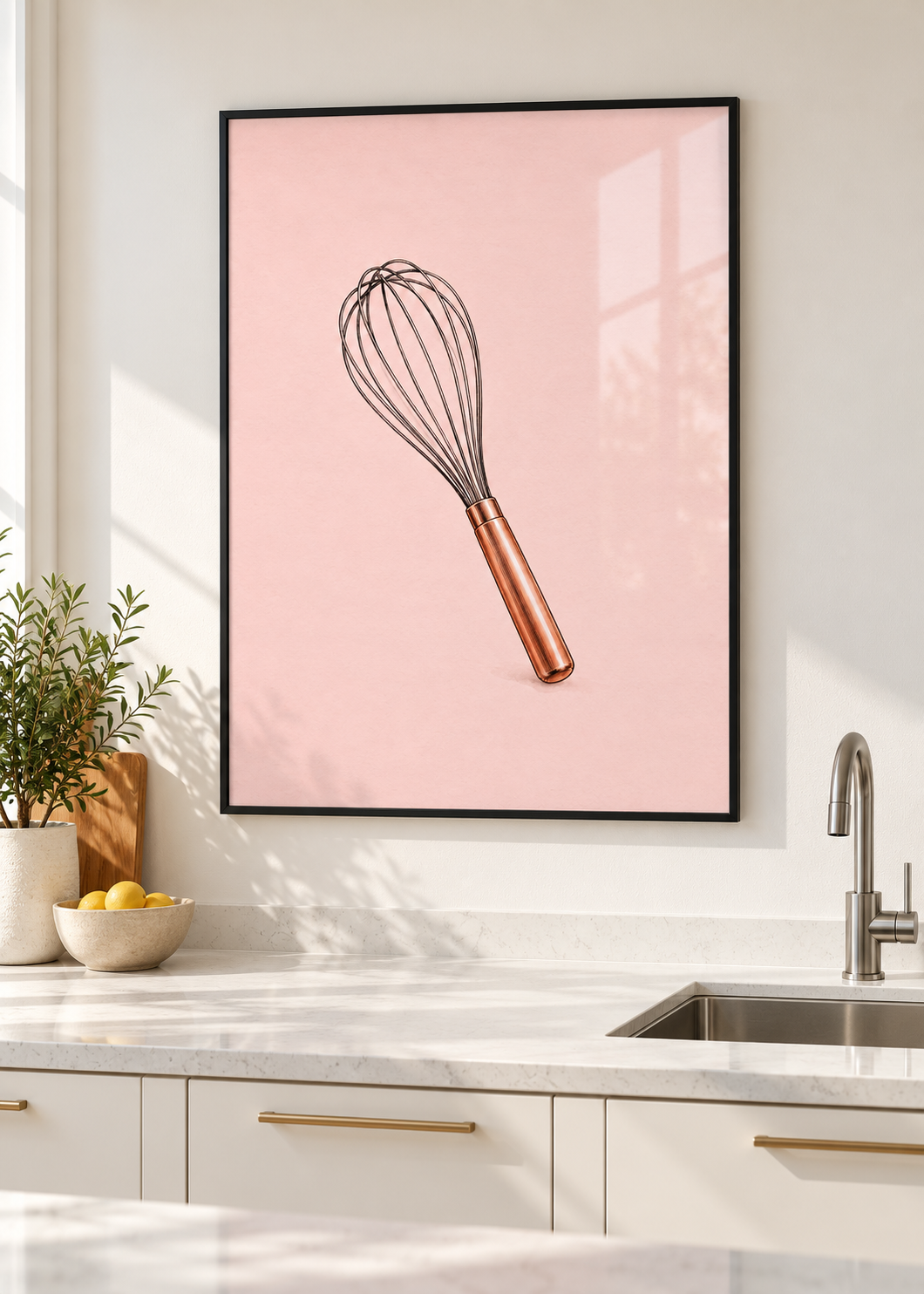 Kupferbesen – Poster mit dünnem schwarzem Rahmen und Glas in moderner Küche