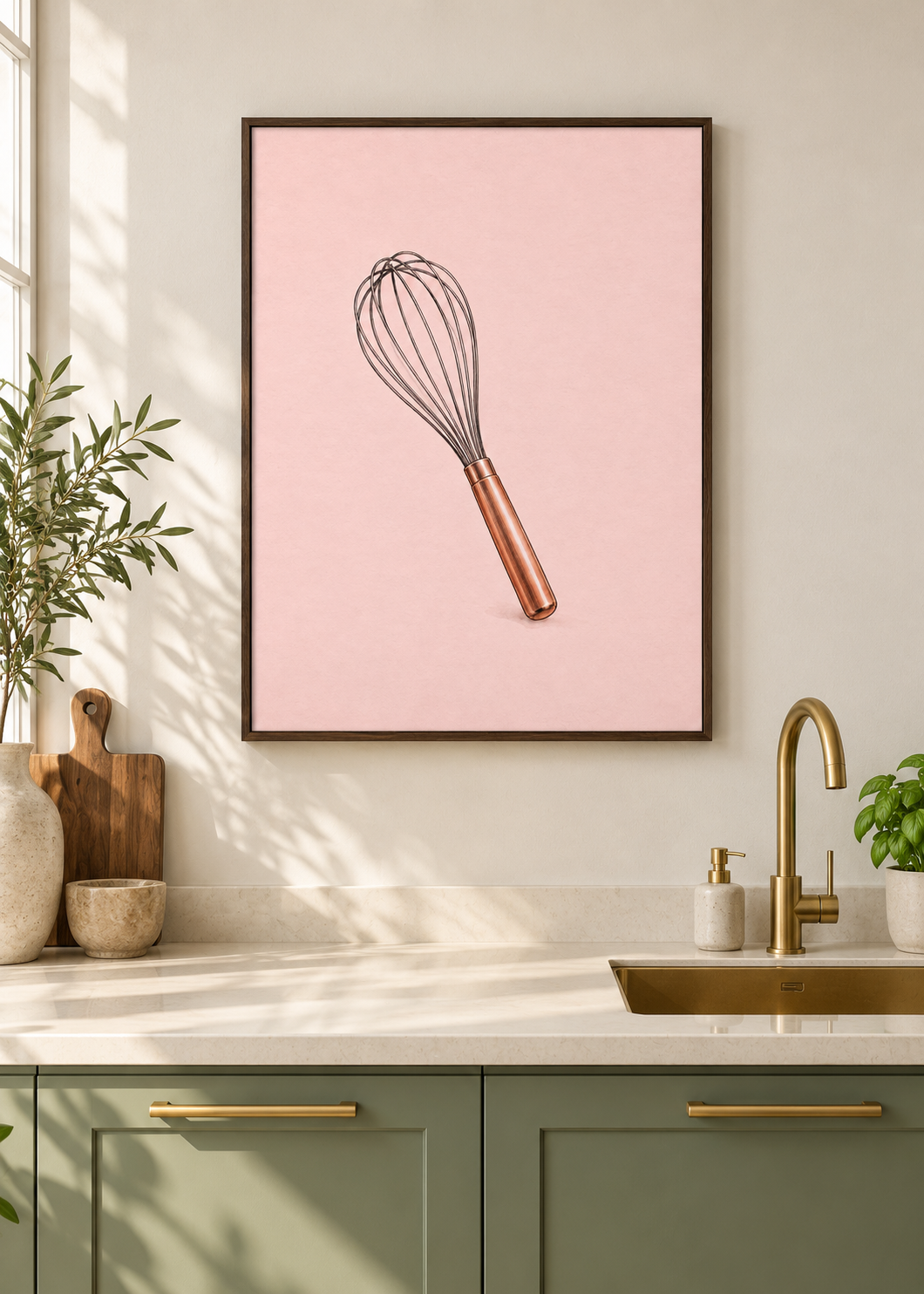 Kupferbesen – matte Leinwand mit braunem Schattenfugenrahmen ohne Glas in moderner Küche