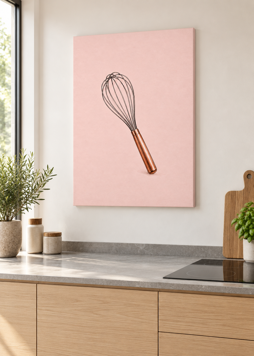 Kupferbesen – matte rahmenlose Slim-Leinwand ohne Glas in moderner Küche