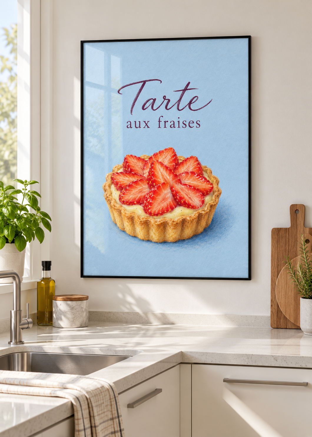 Tarte aux Fraises – Poster mit dünnem schwarzem Rahmen und Glas in moderner Küche