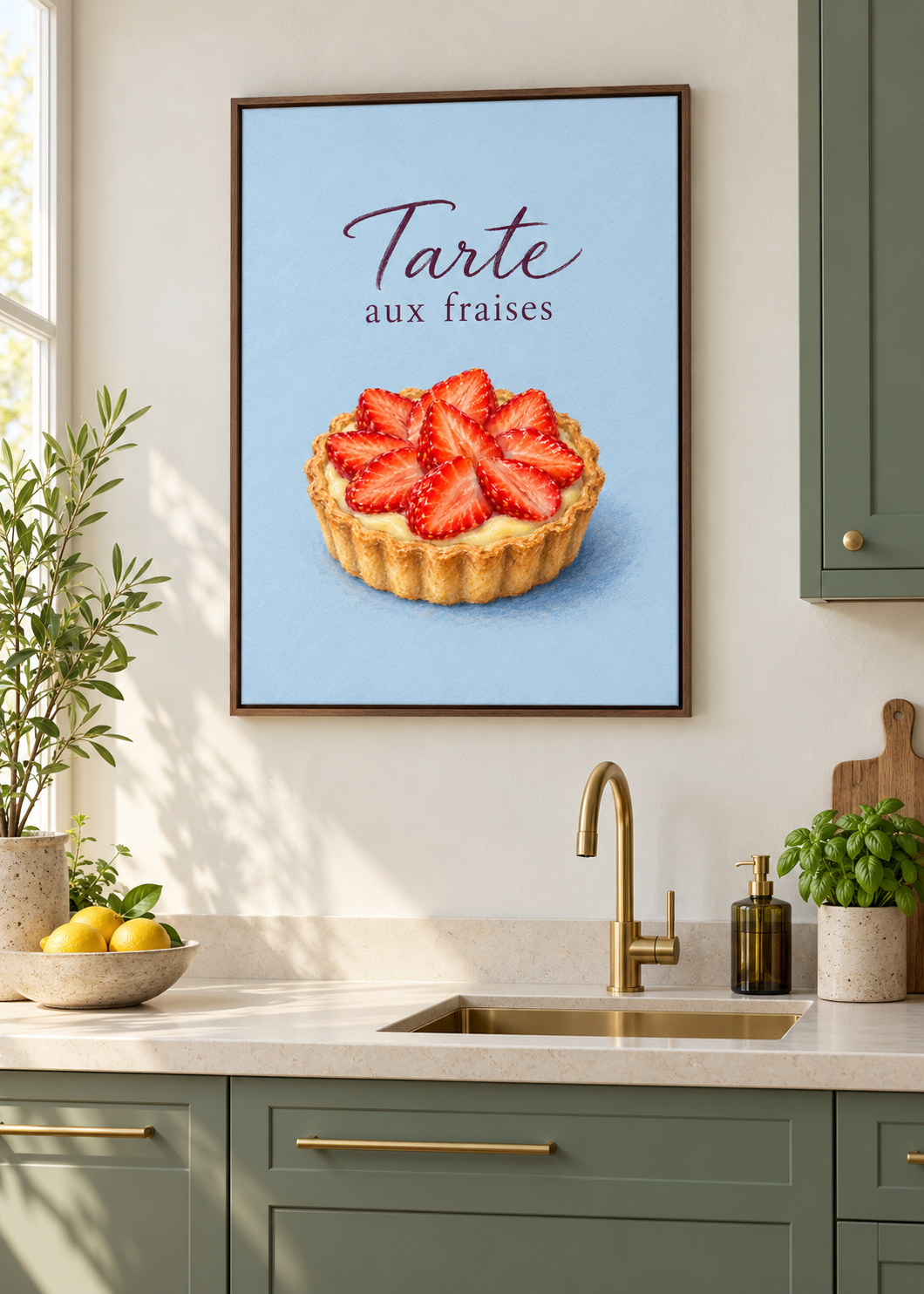Tarte aux Fraises – matte Leinwand mit braunem Schattenfugenrahmen ohne Glas in moderner Küche